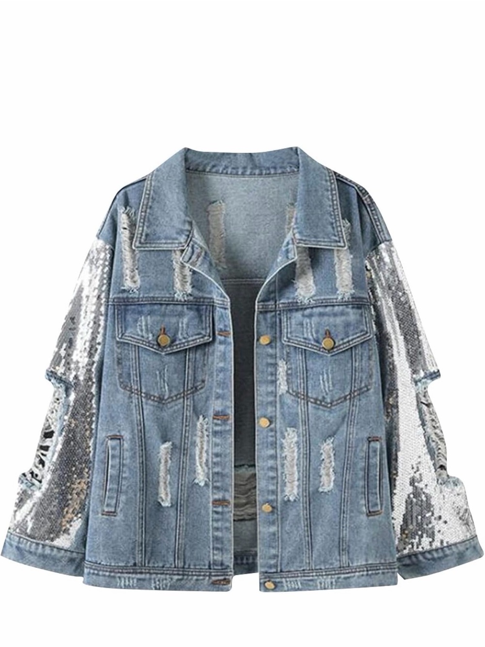 Distressed Light Blue Denim Jacket with Silver Sequin Sleeves